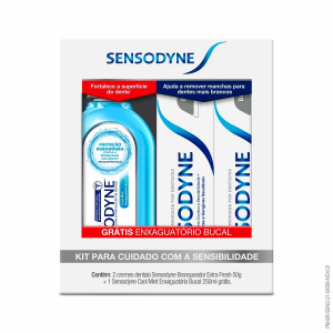 KIT SENSODYNE COM 2 PASTAS DE DENTE BRANQUEADOR EXTRA FRESH DE 50G + 1 ENXAGUANTE BUCAL COOL MINT DE 250ML