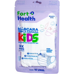 MÁSCARA TRIPLA INFANTIL BRANCO FORT HEALTH COM 10 UNIDADES