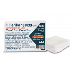 COMPRESSA DE GAZE ESTÉRIL 13 FIOS HÉRIKA AMÉRICA COM 10 UNIDADES