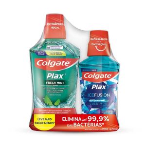 KIT ENXAGUANTE ANTISSÉPTICO BUCAL COLGATE PLAX FRESH MINT 500ML + ICE FUSION 250ML